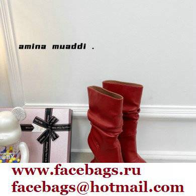 Amina Muaddi Heel 9.5cm Ida Leather Scrunched Boots Red 2021 - Click Image to Close