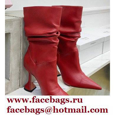 Amina Muaddi Heel 9.5cm Ida Leather Scrunched Boots Red 2021 - Click Image to Close