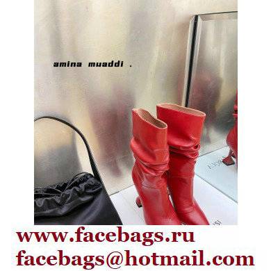 Amina Muaddi Heel 9.5cm Ida Leather Scrunched Boots Red 2021