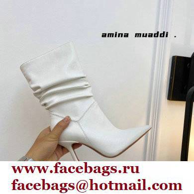 Amina Muaddi Heel 9.5cm Ida Leather Scrunched Boots White 2021