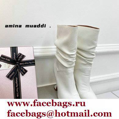 Amina Muaddi Heel 9.5cm Ida Leather Scrunched Boots White 2021 - Click Image to Close