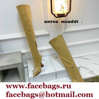 Amina Muaddi Heel 9.5cm Leather Thigh-High Begum Boots Apricot 2021 - Click Image to Close