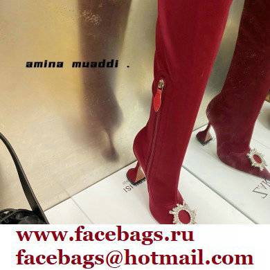 Amina Muaddi Heel 9.5cm Leather Thigh-High Begum Boots Dark Red 2021 - Click Image to Close