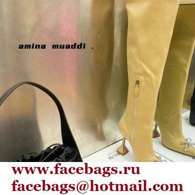 Amina Muaddi Heel 9.5cm Leather Thigh-High Boots Apricot with Crystal Bow 2021 - Click Image to Close
