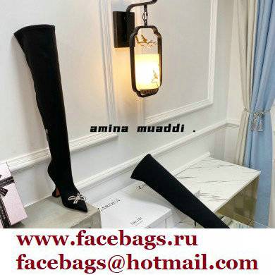Amina Muaddi Heel 9.5cm Leather Thigh-High Boots Black with Crystal Bow 2021 - Click Image to Close