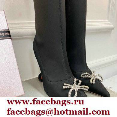 Amina Muaddi Heel 9.5cm Leather Thigh-High Boots Black with Crystal Bow 2021