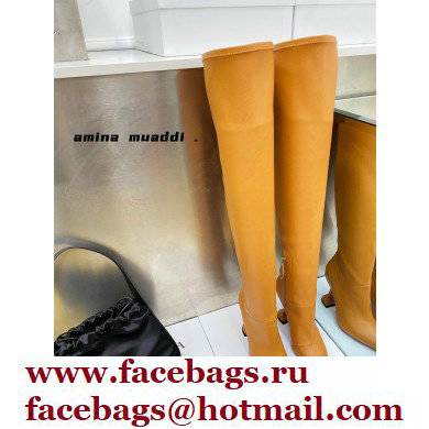 Amina Muaddi Heel 9.5cm Leather Thigh-High Boots Brown 2021 - Click Image to Close