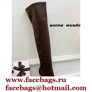 Amina Muaddi Heel 9.5cm Leather Thigh-High Boots Coffee 2021 - Click Image to Close