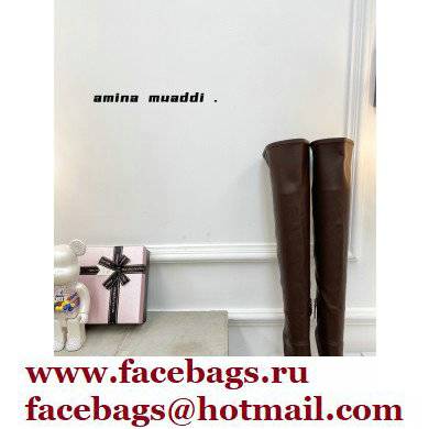 Amina Muaddi Heel 9.5cm Leather Thigh-High Boots Coffee 2021 - Click Image to Close