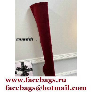 Amina Muaddi Heel 9.5cm Leather Thigh-High Boots Dark Red with Crystal Bow 2021