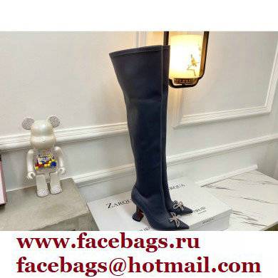 Amina Muaddi Heel 9.5cm Leather Thigh-High Boots Gray with Crystal Bow 2021