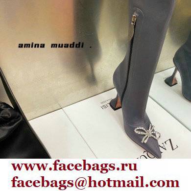 Amina Muaddi Heel 9.5cm Leather Thigh-High Boots Gray with Crystal Bow 2021 - Click Image to Close