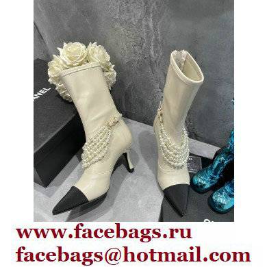 Chanel Pearls Heel 8cm Ankle Boots G37542 Lambskin White 2021