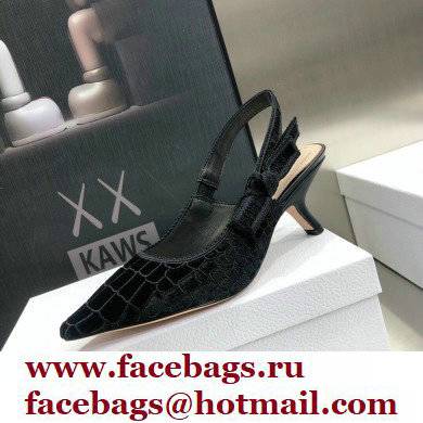 Dior Heel 6.5cm J'Adior Slingback Pumps Crocodile-Effect Embroidered Velvet Black 2021