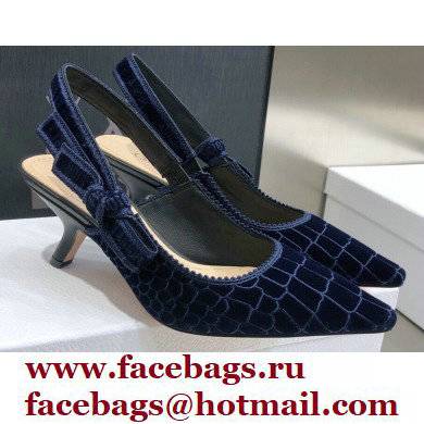 Dior Heel 6.5cm J'Adior Slingback Pumps Crocodile-Effect Embroidered Velvet Dark Blue 2021