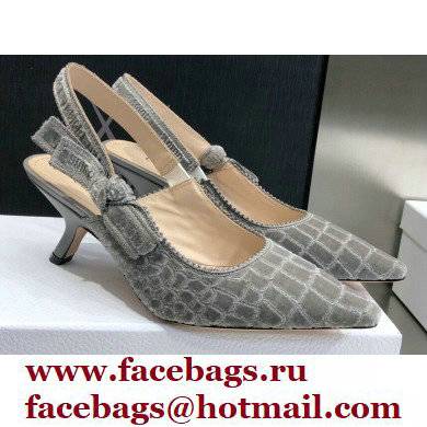 Dior Heel 6.5cm J'Adior Slingback Pumps Crocodile-Effect Embroidered Velvet Gray 2021