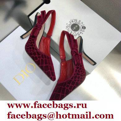 Dior Heel 9.5cm J'Adior Slingback Pumps Crocodile-Effect Embroidered Velvet Red 2021