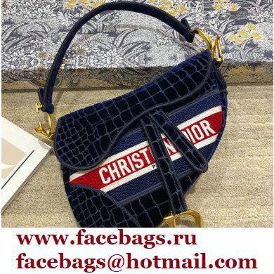 Dior Saddle Bag in Crocodile-Effect Embroidered Velvet Blue 2021