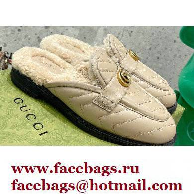 Gucci Shearling Merino Lining Chevron Leather Slippers with Double G 670400 Beige 2021
