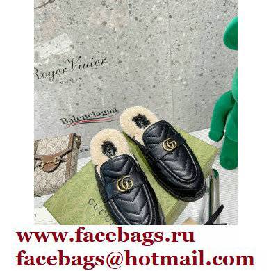 Gucci Shearling Merino Lining Chevron Leather Slippers with Double G 670400 Black 2021 - Click Image to Close