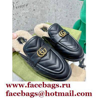 Gucci Shearling Merino Lining Chevron Leather Slippers with Double G 670400 Black 2021 - Click Image to Close
