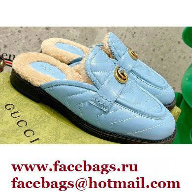 Gucci Shearling Merino Lining Chevron Leather Slippers with Double G 670400 Blue 2021