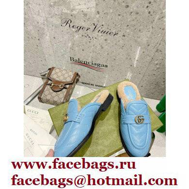 Gucci Shearling Merino Lining Chevron Leather Slippers with Double G 670400 Blue 2021 - Click Image to Close