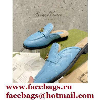 Gucci Shearling Merino Lining Chevron Leather Slippers with Double G 670400 Blue 2021 - Click Image to Close
