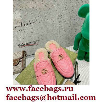 Gucci Shearling Merino Lining Chevron Leather Slippers with Double G 670400 Pink 2021 - Click Image to Close