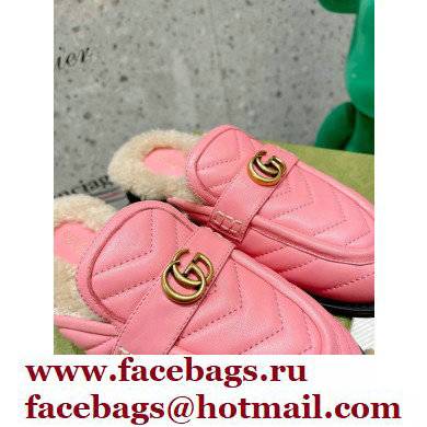 Gucci Shearling Merino Lining Chevron Leather Slippers with Double G 670400 Pink 2021 - Click Image to Close