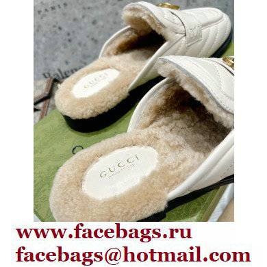 Gucci Shearling Merino Lining Chevron Leather Slippers with Double G 670400 White 2021