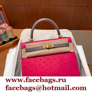 Hermes kelly 25 bag in ostrich leather rose tyrien/gris agate handmade