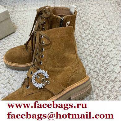 Jimmy Choo CORA FLAT Suede Combat Boots with Crystal Buckle Caramel 2021