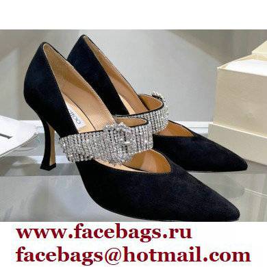Jimmy Choo Heel 8.5cm KARI Suede Pumps Black with Crystal-Embellished Strap 2021