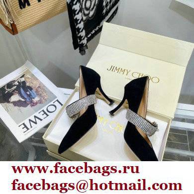 Jimmy Choo Heel 8.5cm KARI Suede Pumps Black with Crystal-Embellished Strap 2021