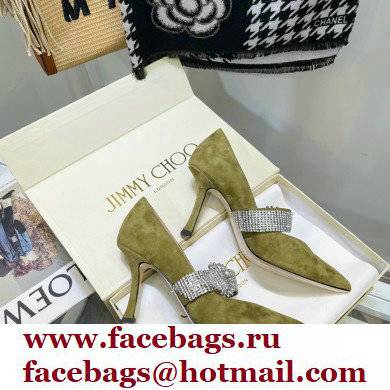 Jimmy Choo Heel 8.5cm KARI Suede Pumps Olive Green with Crystal-Embellished Strap 2021