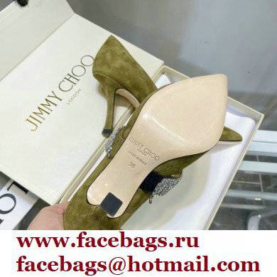 Jimmy Choo Heel 8.5cm KARI Suede Pumps Olive Green with Crystal-Embellished Strap 2021 - Click Image to Close