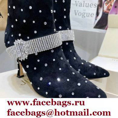 Jimmy Choo Heel 8.5cm KAZA Suede Booties Boots Black/crystal with Crystal-Embellished Strap 2021