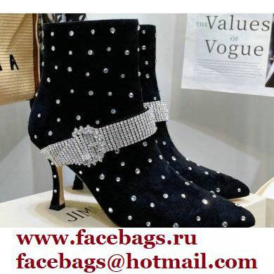 Jimmy Choo Heel 8.5cm KAZA Suede Booties Boots Black/crystal with Crystal-Embellished Strap 2021 - Click Image to Close