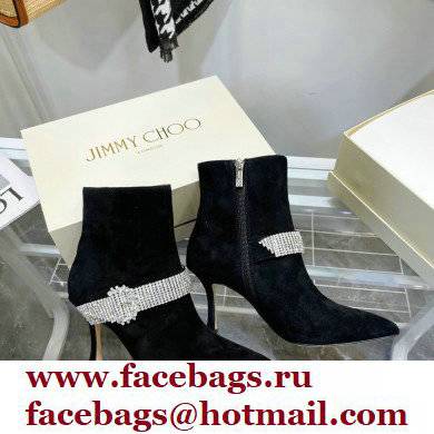 Jimmy Choo Heel 8.5cm KAZA Suede Booties Boots Black with Crystal-Embellished Strap 2021 - Click Image to Close