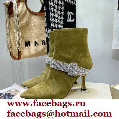 Jimmy Choo Heel 8.5cm KAZA Suede Booties Boots Olive Green with Crystal-Embellished Strap 2021