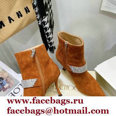 Jimmy Choo Heel 8.5cm KAZA Suede Booties Boots Orange with Crystal-Embellished Strap 2021