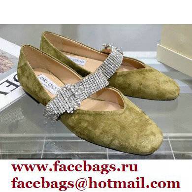 Jimmy Choo KRISTA FLAT Suede Flats Olive Green with Crystal-Embellished Strap 2021 - Click Image to Close