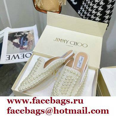 Jimmy Choo White Satin Slippers with All-Over Pearls 2021