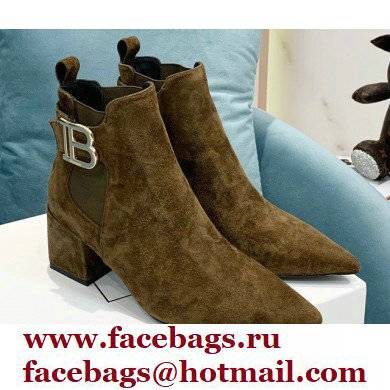 Balmain Heel 6cm Ankle Boots Suede Khaki with Balmain Monogram Logo 2021