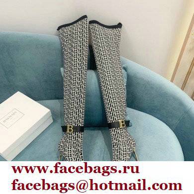 Balmain Heel 9.5cm Raven Thigh-high Boots Knit Black/White with Monogram Strap 2021