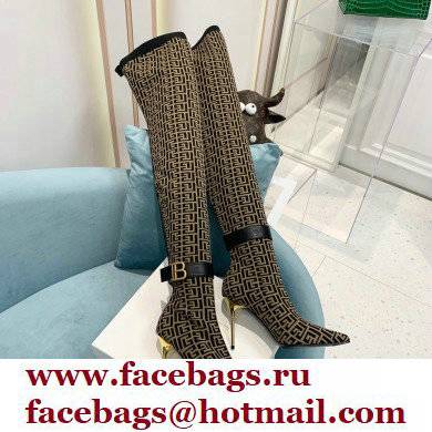 Balmain Heel 9.5cm Raven Thigh-high Boots Knit Brown with Monogram Strap 2021