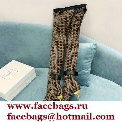 Balmain Heel 9.5cm Raven Thigh-high Boots Knit Brown with Monogram Strap 2021