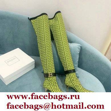 Balmain Heel 9.5cm Raven Thigh-high Boots Knit Green with Monogram Strap 2021