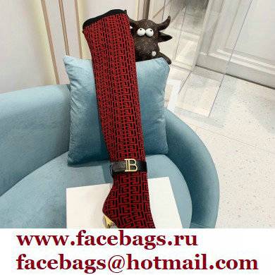 Balmain Heel 9.5cm Raven Thigh-high Boots Knit Red with Monogram Strap 2021